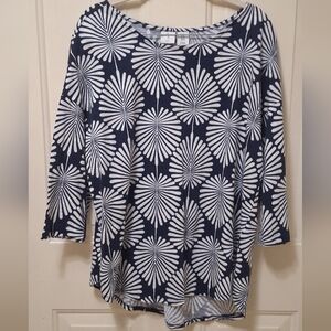 Joie Navy & White Tropical Leaf Pattern, 100% Cotton 3/4 Sleeve Top, Size XL